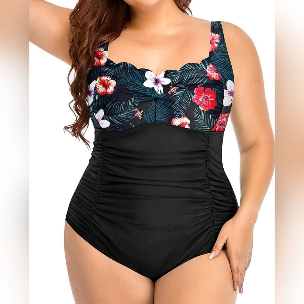 Women Plus Size Swimsuits One Piece Tummy Control Bathing Suits Retro Scalloped - Picture 4 of 6